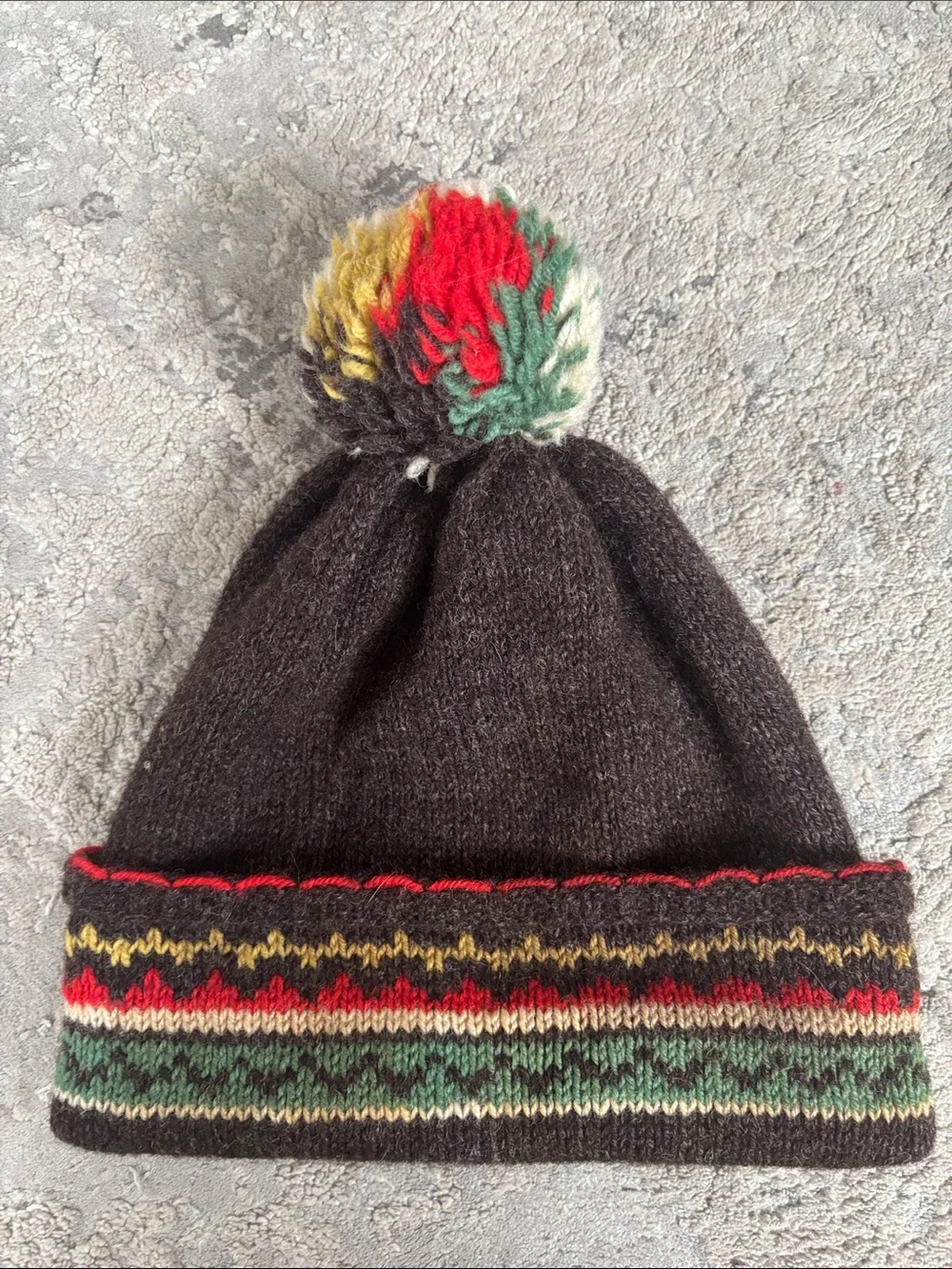VINTAGE Pom Pom hand knitted Beanie Hat in Brown with Red, Green & Yellow